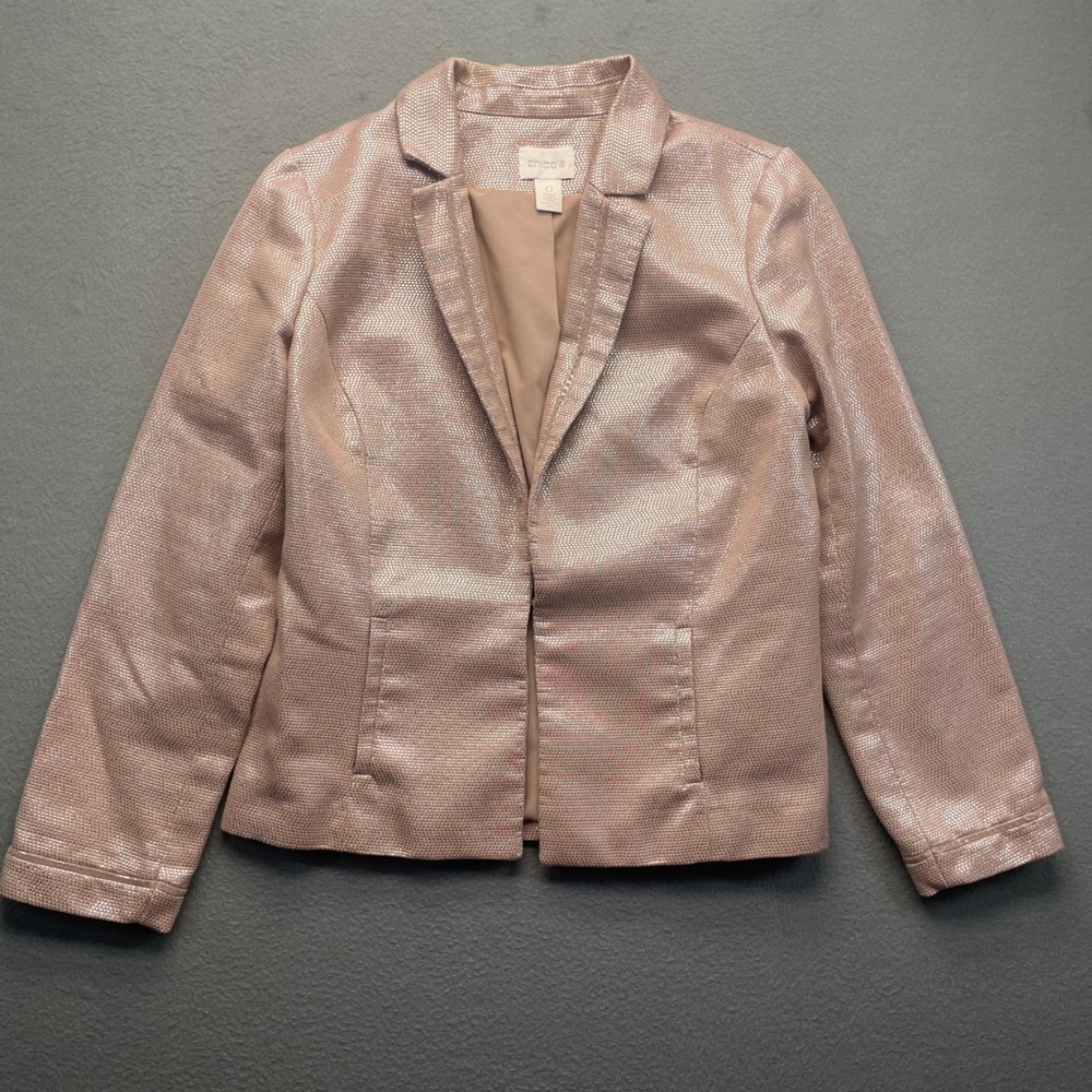 Chicos Metallic Textured Blazer Women 0 Small Rose Gold Shimmer Hook Eye Jacket‎